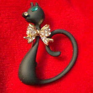 Cat Brooch Black Gold Rhinestone Bow Animal Pin